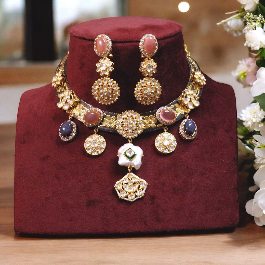 Regal Gold-Plated Polki Necklace Matching Earrings Set, Adorned Polki Indian Jewelry Set, Pakistani Bridal Polki Choker Set, Bollywood Polki Jewelry Set, Indian Traditional Polki Necklace Set - Libasaa.com