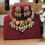 Rajsthani Floral Design Polki Choker Earrings Set, Jaipuri Floral Jewelry Set, Indian Polki Jewelry Set, Pakistani Floral Choker Set, Bollywood Polki Choker Set - Libasaa.com