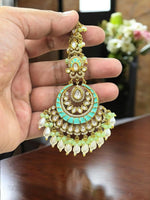 Turquoise & Gold Plated Kundan Maang Tikka with Pearls | Bridal & Festive Hair Jewelry - Libasaa.com