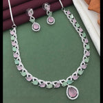 Silver-Plated Red Stone Necklace Set with Earrings | Bridal & Party Wear Designer Jewelry - Libasaa.com