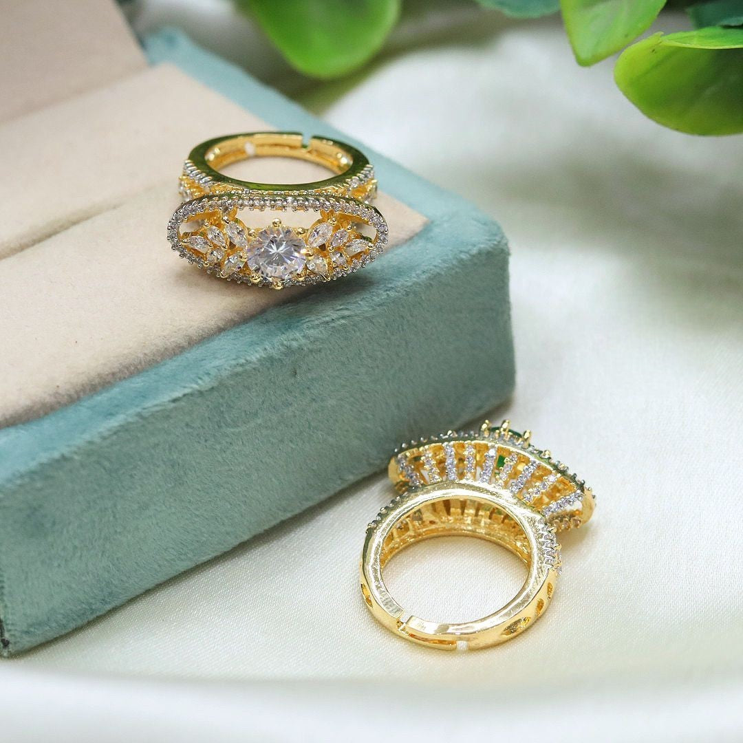 Elegant Gold-Plated CZ Ring Set with Marquise & Round Cut Stones – Bridal & Party Wear - Libasaa.com