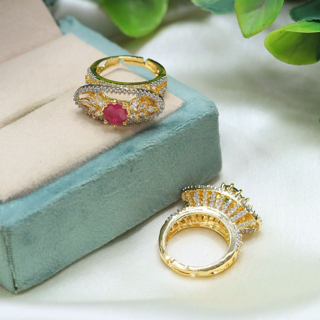 Elegant Gold-Plated CZ Ring Set with Marquise & Round Cut Stones – Bridal & Party Wear - Libasaa.com