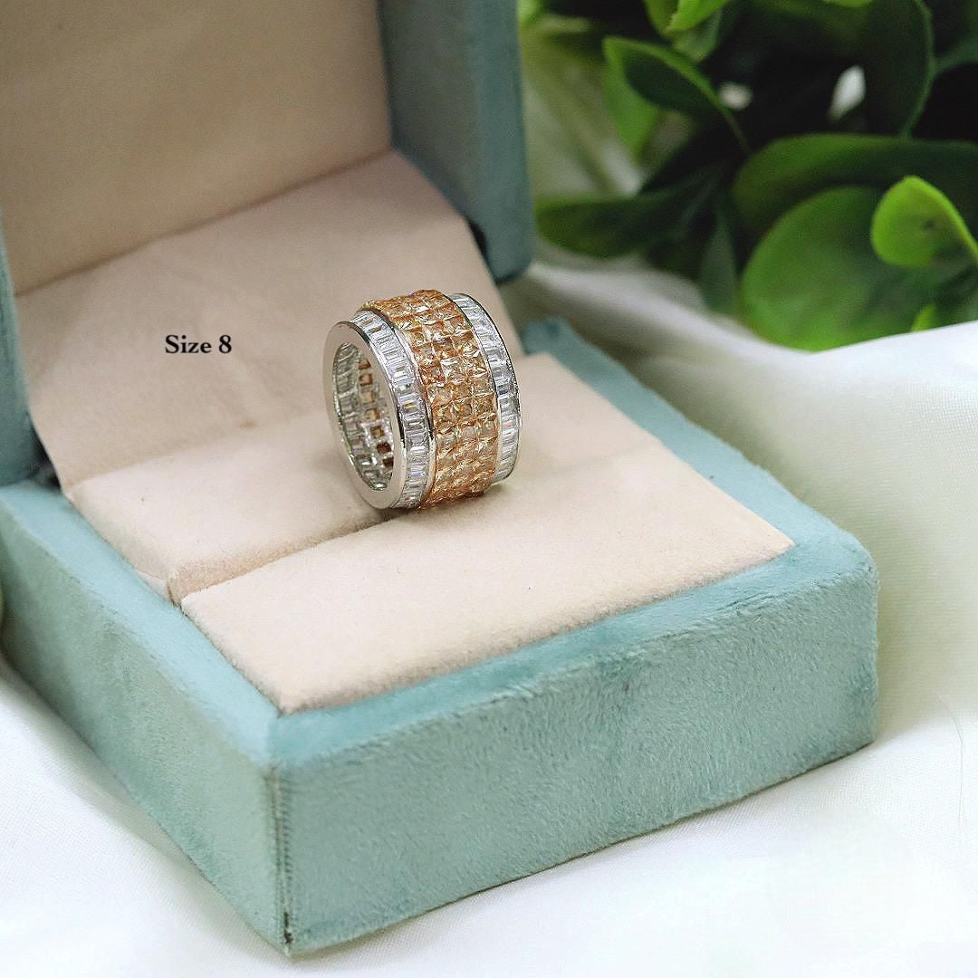 Gold-Plated Wide Band CZ Ring with Marquise & Round Stones – Statement Bridal Ring - Libasaa.com