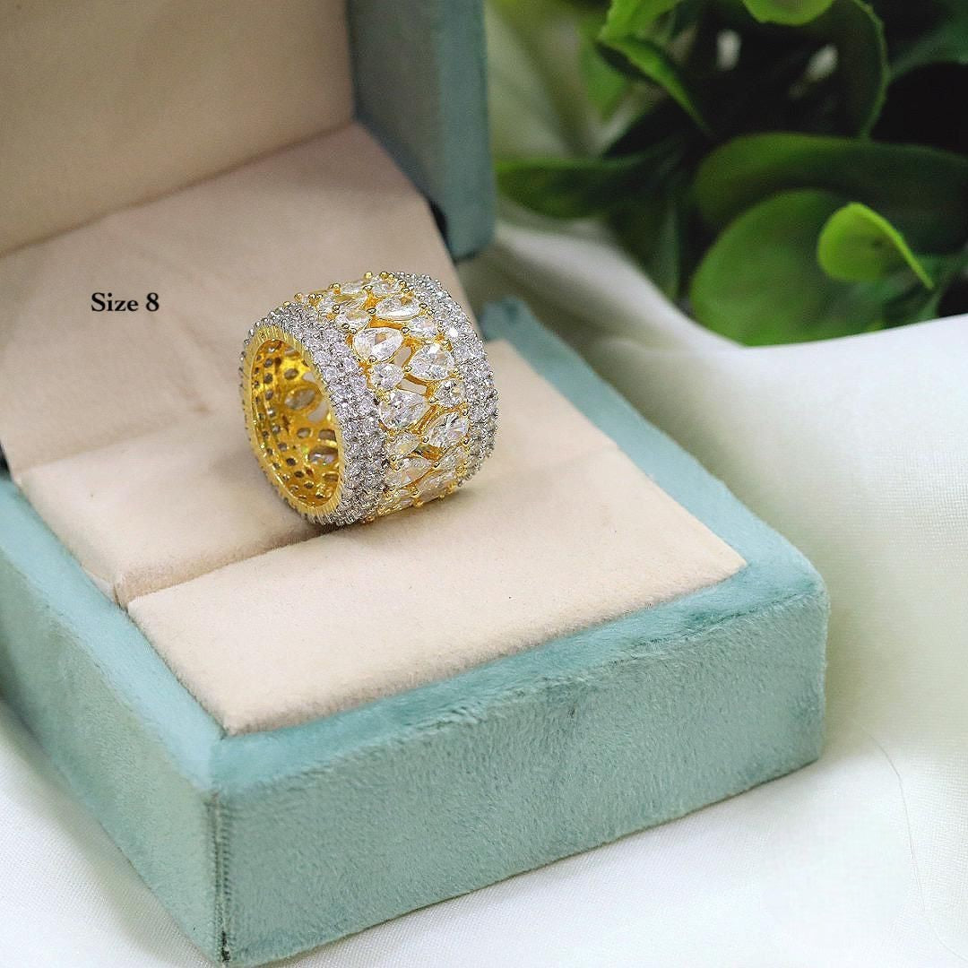 Gold-Plated Wide Band CZ Ring with Marquise & Round Stones – Statement Bridal Ring - Libasaa.com