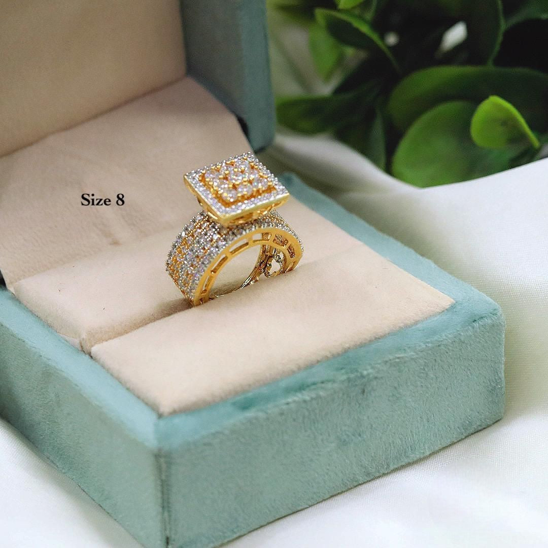 Gold-Plated Square Cluster CZ Ring – Bold Statement Band for Weddings & Parties - Libasaa.com