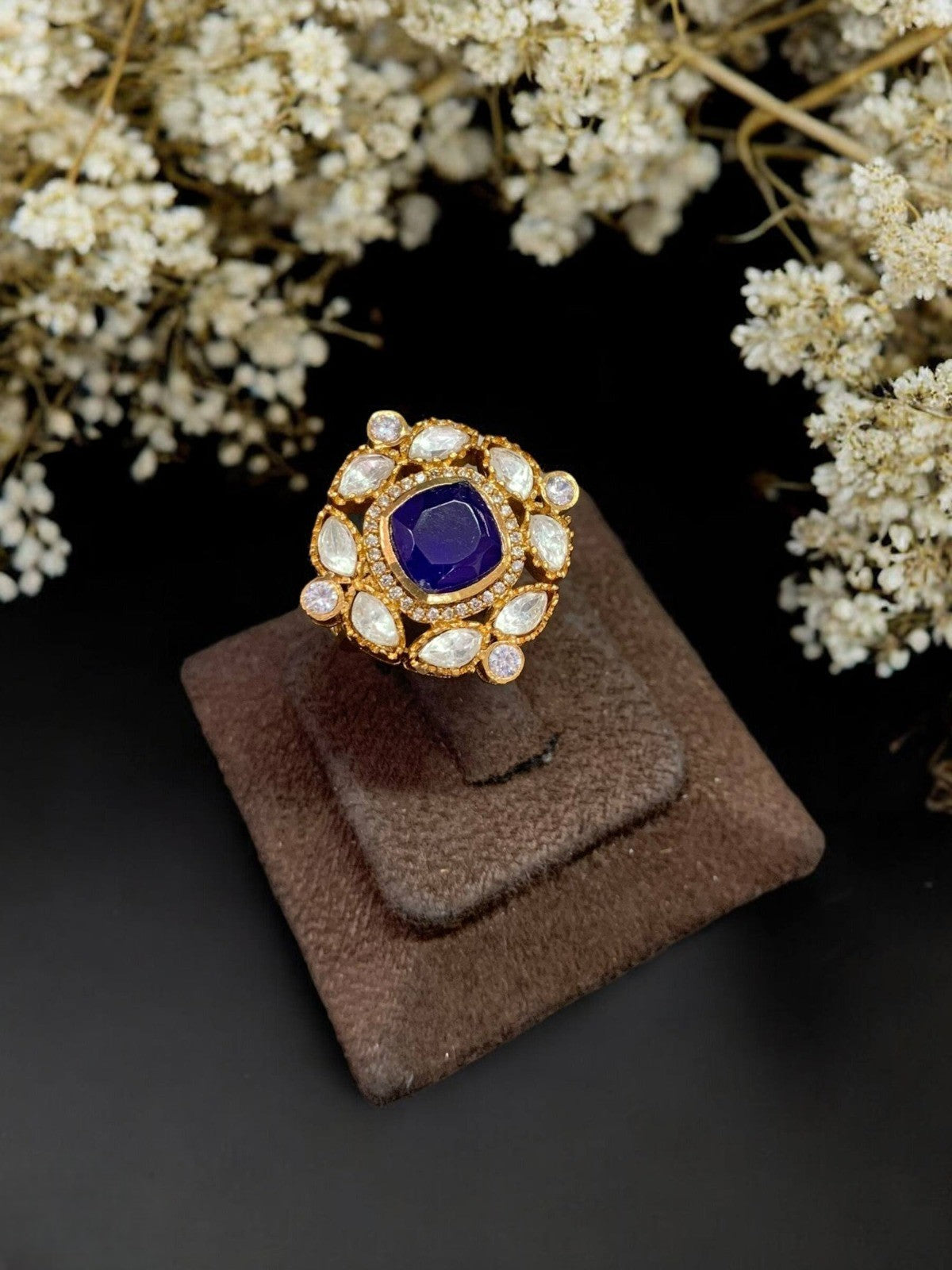 Elegant Red Stone Kundan Cocktail Ring Adjustable Traditional Statement Jewelry - Libasaa.com