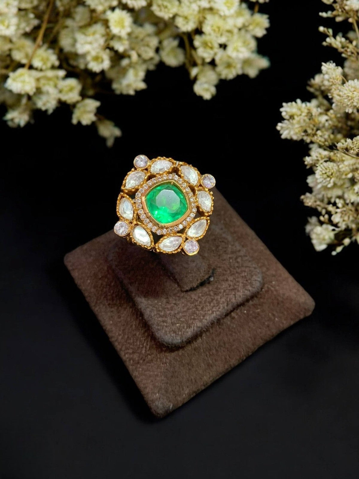 Elegant Red Stone Kundan Cocktail Ring Adjustable Traditional Statement Jewelry - Libasaa.com