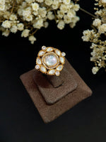 Elegant Red Stone Kundan Cocktail Ring Adjustable Traditional Statement Jewelry - Libasaa.com