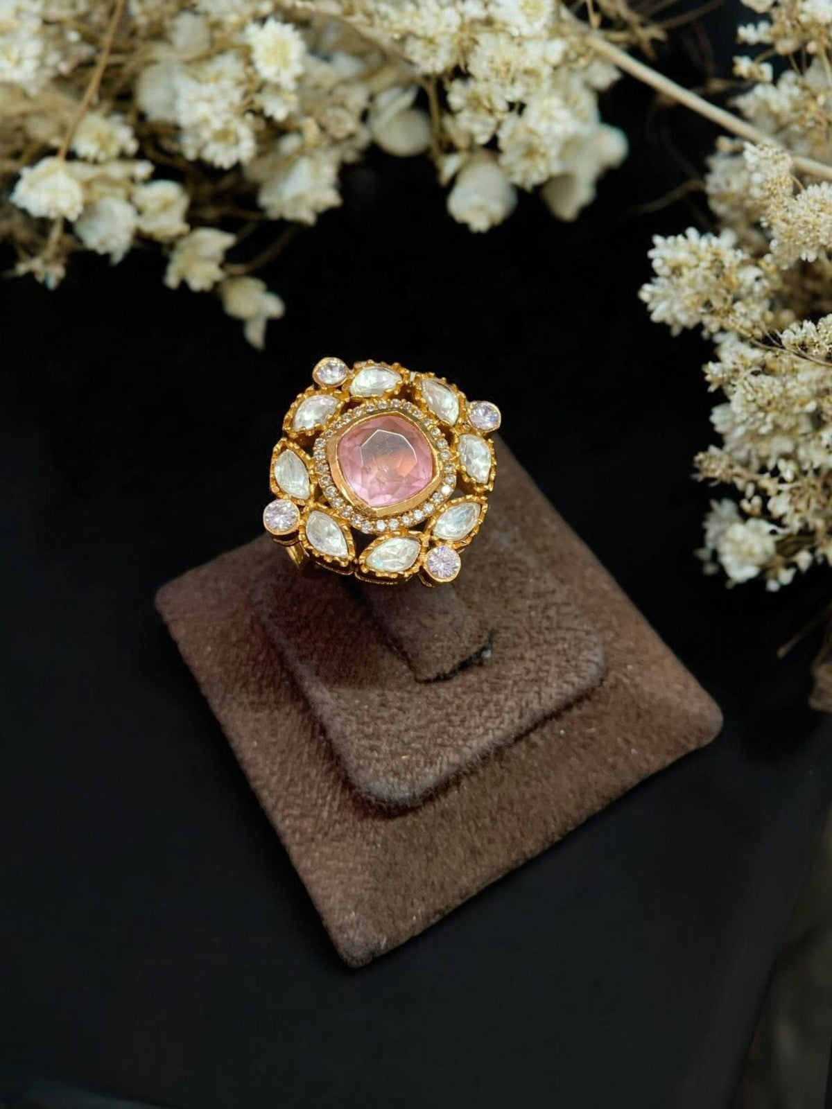 Elegant Red Stone Kundan Cocktail Ring Adjustable Traditional Statement Jewelry - Libasaa.com