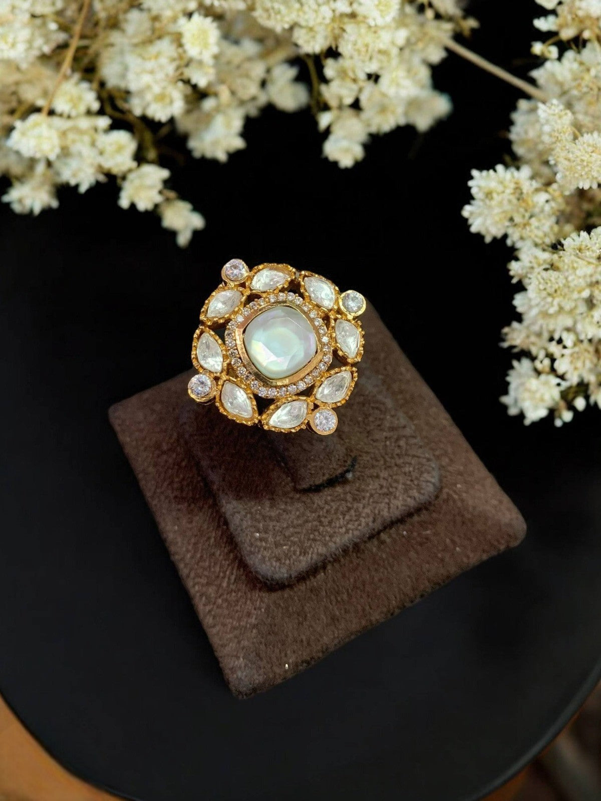 Elegant Red Stone Kundan Cocktail Ring Adjustable Traditional Statement Jewelry - Libasaa.com