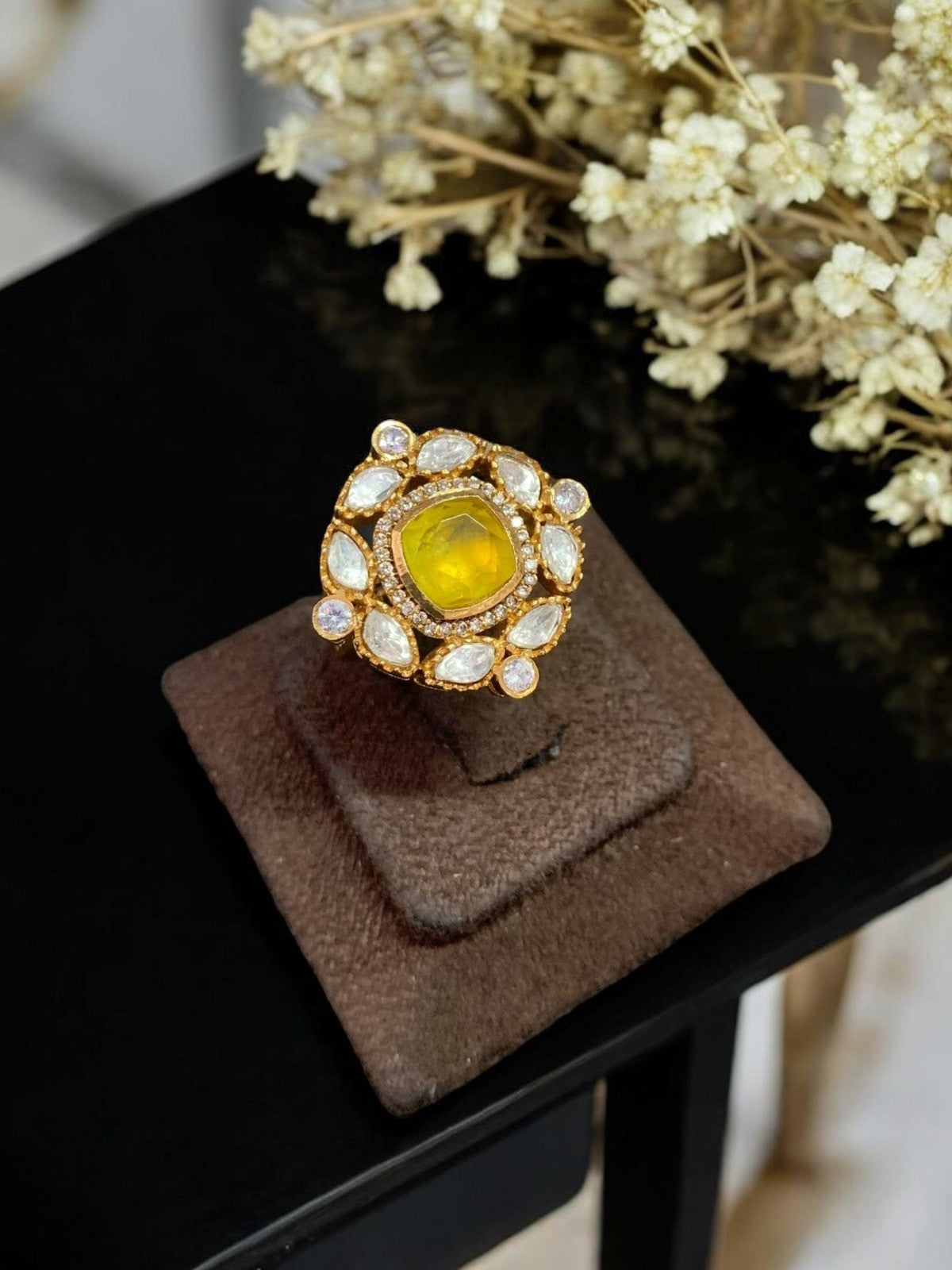 Elegant Red Stone Kundan Cocktail Ring Adjustable Traditional Statement Jewelry - Libasaa.com