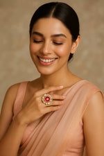 Elegant Red Stone Kundan Cocktail Ring Adjustable Traditional Statement Jewelry - Libasaa.com