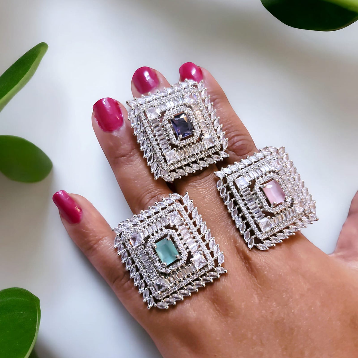 Silver-Plated Adjustable Cocktail Rings with Colored Stones | Statement Party & Bridal Jewelry - Libasaa.com