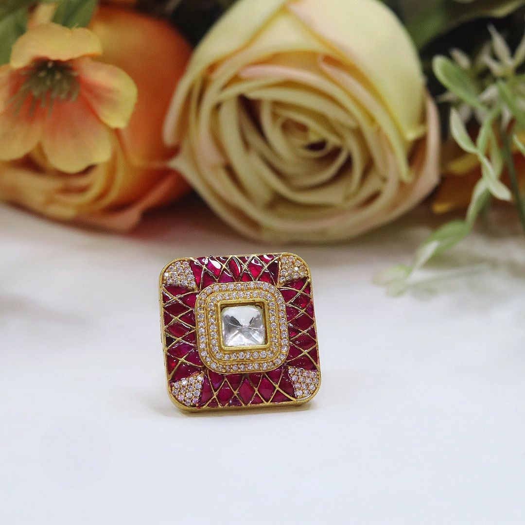 Ruby Red & White Stone Polki Ring with Intricate Gold Detailing - Libasaa.com