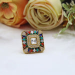 Ruby Red & White Stone Polki Ring with Intricate Gold Detailing - Libasaa.com