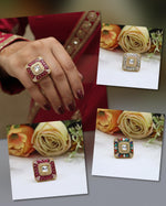 Ruby Red & White Stone Polki Ring with Intricate Gold Detailing - Libasaa.com