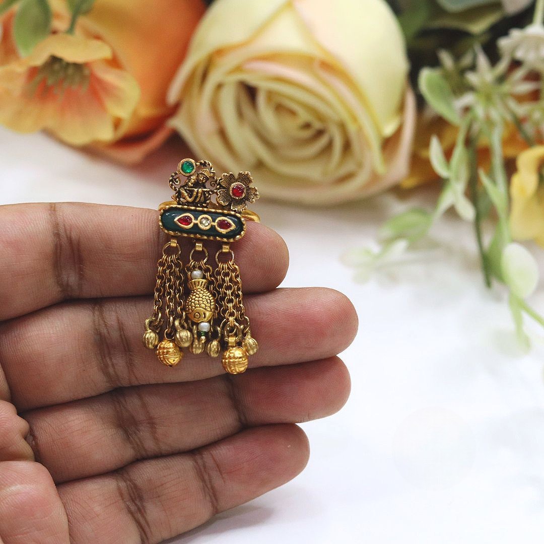 Traditional Gold-Toned Meenakari Dangle Ring with Pearl & Ghungroo Beads - Libasaa.com