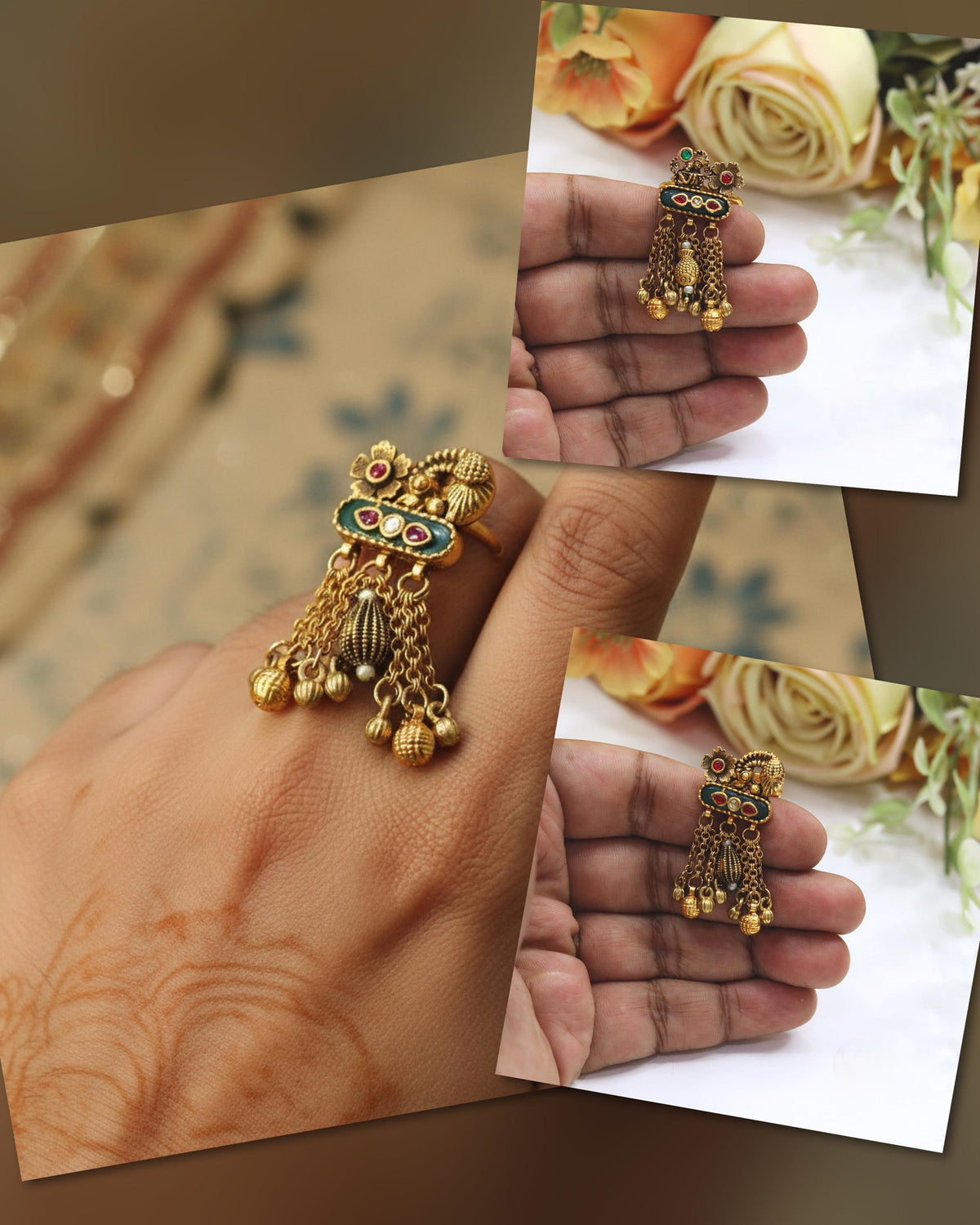 Traditional Gold-Toned Meenakari Dangle Ring with Pearl & Ghungroo Beads - Libasaa.com