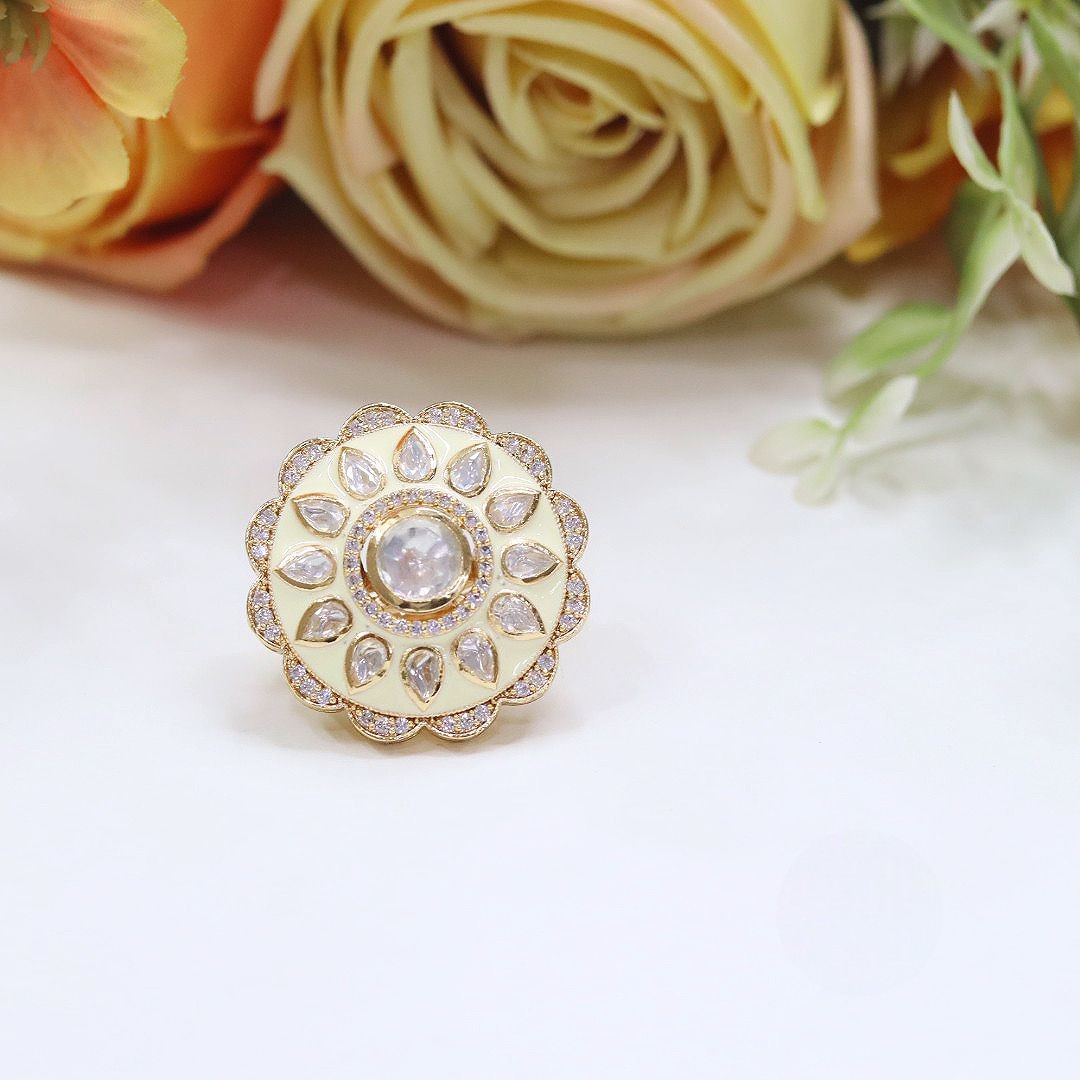 Statement Floral Ring with Polki Stone & Kundan Accents - Libasaa.com