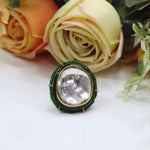 Polki Kundan Ring with Emerald Green Beads - Libasaa.com