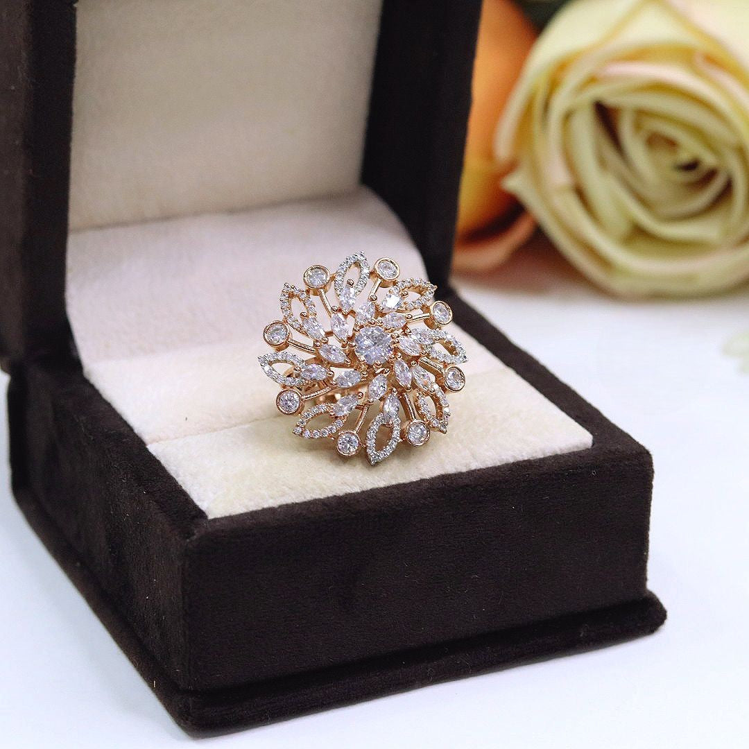 Premium Mint Green & Diamond-Cut Floral Cocktail Ring | Elegant Indian Jewellery | Luxury Diamond Jewellery Indian Ring Set