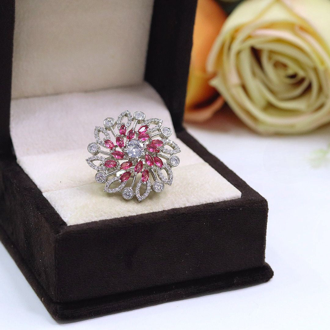 Premium Mint Green & Diamond-Cut Floral Cocktail Ring | Elegant Indian Jewellery | Luxury Diamond Jewellery Indian Ring Set