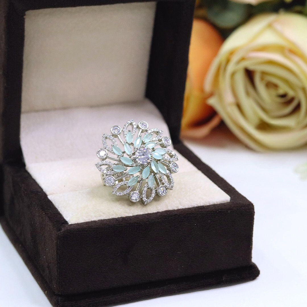 Premium Mint Green & Diamond-Cut Floral Cocktail Ring | Elegant Indian Jewellery | Luxury Diamond Jewellery Indian Ring Set