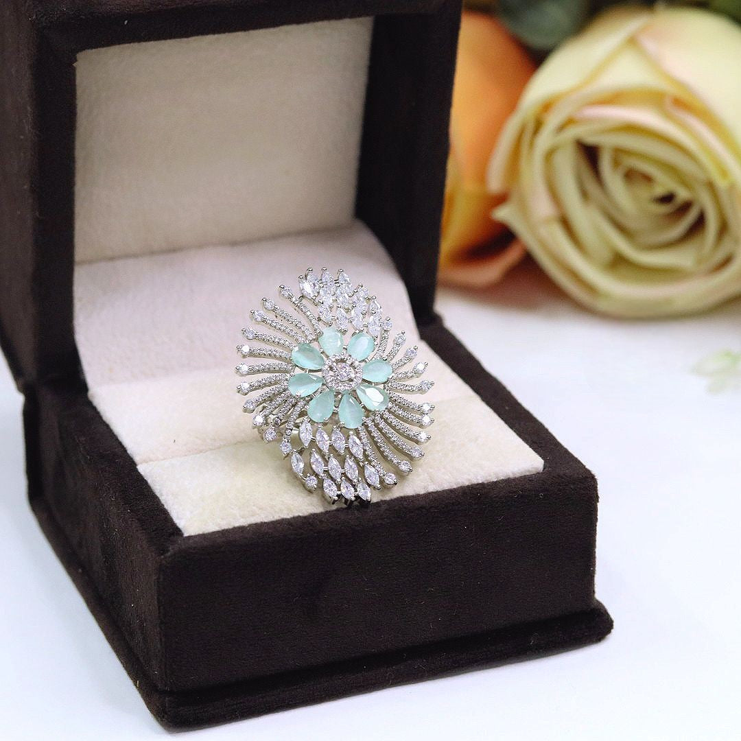 Premium Pink Floral Diamond-Cut Cocktail Ring | Elegant Indian Jewellery | Sparkling CZ Jewellery Indian Ring Set