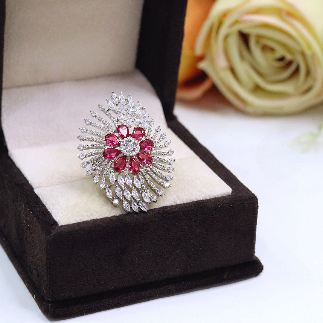 Premium Pink Floral Diamond-Cut Cocktail Ring | Elegant Indian Jewellery | Sparkling CZ Jewellery Indian Ring Set
