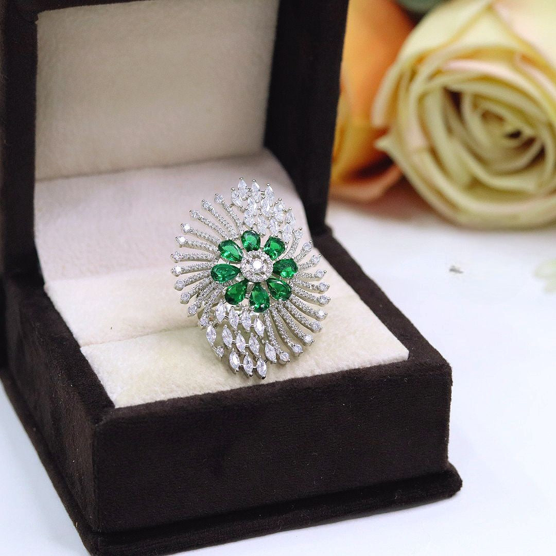 Premium Pink Floral Diamond-Cut Cocktail Ring | Elegant Indian Jewellery | Sparkling CZ Jewellery Indian Ring Set