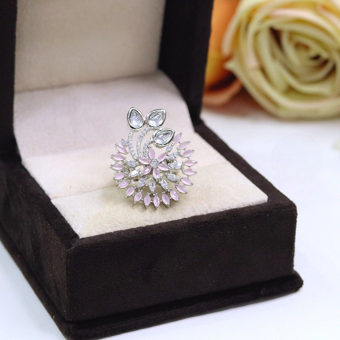Rose Gold Floral Statement Ring with Pink Stone | Diamond-Style CZ Adjustable Finger Ring | Indian Jewellery CZ Ring Set