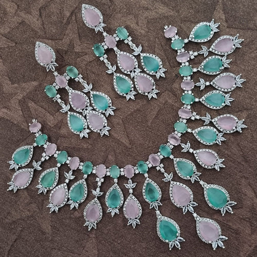 Shabnam American Diamond Emerald Wedding Necklace with EarringsCZ Ethnic Premium Design Necklace Earrings - Libasaa.com