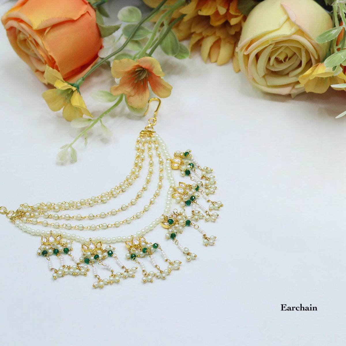 Traditional Multi-Layer Pearl Ear Chain – Gold Finish with Green & White Beads - Libasaa.com