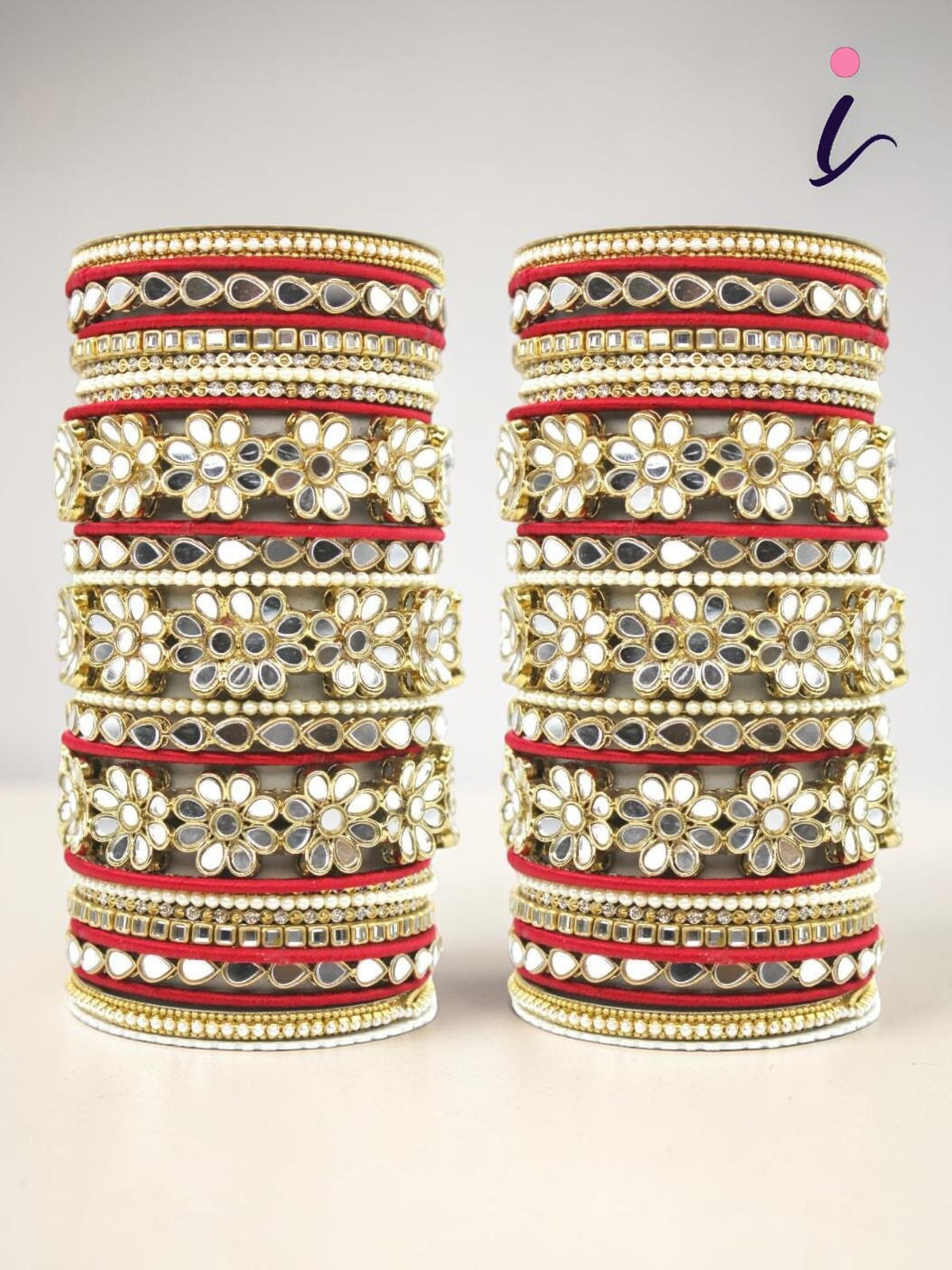Mirror Work Silk Thread Bangle Set with Flower Kada, Traditional Indian Bridal Wedding Jewelry for Women