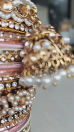 Pink Pearl Indian Bangles Bracelet Set with Jhumki Borders, Indian wedding bangle set, Indian Pakistani South Asian Bridal, Hand Jewellery