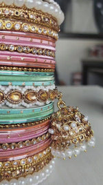 Pink & Mint Bridal Jhumki Bangles Set, Stones Pearl work, Wedding bangles, Indian Jewelry, Bridal Bangles Wedding Navratri Bollywood Bangles