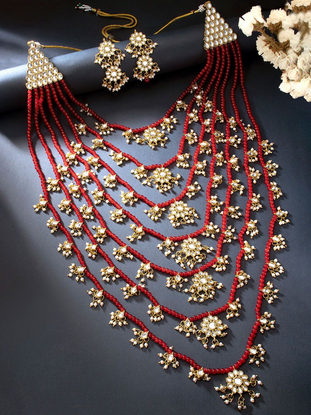 Floral Multi Layered Gold-Plated & Green Stone-Studded Jewellery Set - Libasaa.com