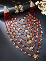 Floral Multi Layered Gold-Plated & Green Stone-Studded Jewellery Set - Libasaa.com