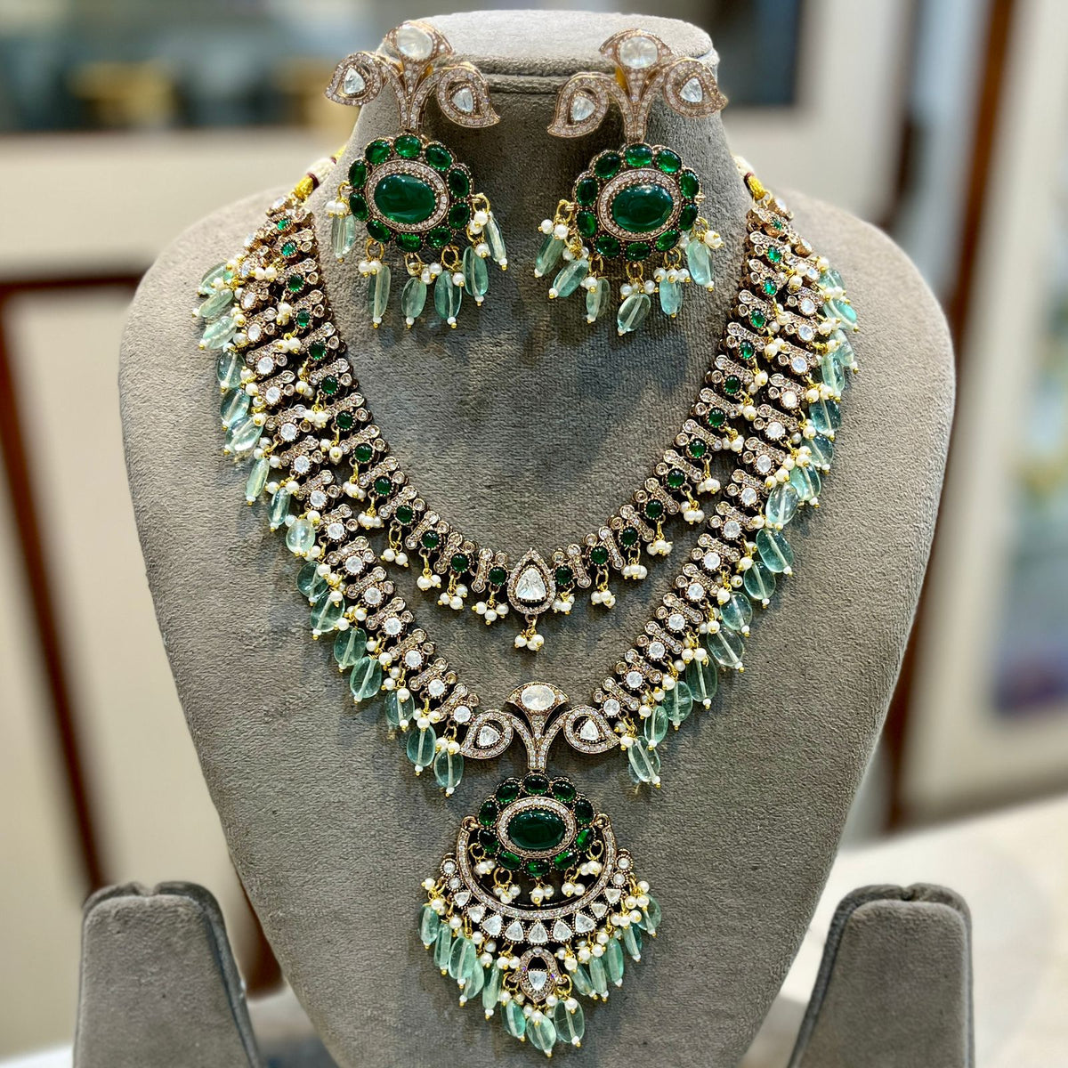 Celeb Inspired Wedding Layered AD Neclace Set, Layered AD Necklace Earrings Set, Model CZ Necklace Set, Indian AD jewelry Set, CZ Earrings Set - Libasaa.com