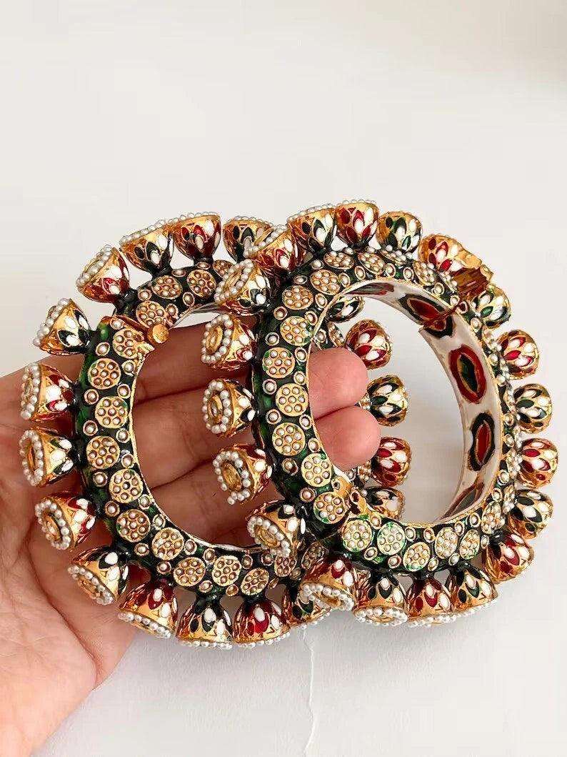 Rajwadi Judau Kundan Kada Set, Rajwadi kada, Pachali bangles , Meenakari Kada, Indian Wedding jewelry, Kundan bridal bangles Set, Set of 2 - Libasaa