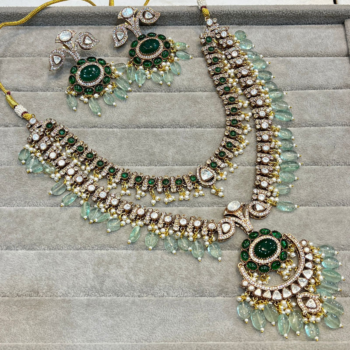 Celeb Inspired Wedding Layered AD Neclace Set, Layered AD Necklace Earrings Set, Model CZ Necklace Set, Indian AD jewelry Set, CZ Earrings Set - Libasaa.com