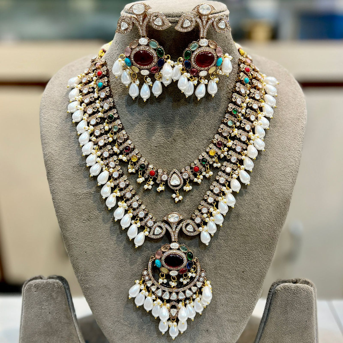 Celeb Inspired Wedding Layered AD Neclace Set, Layered AD Necklace Earrings Set, Model CZ Necklace Set, Indian AD jewelry Set, CZ Earrings Set - Libasaa.com