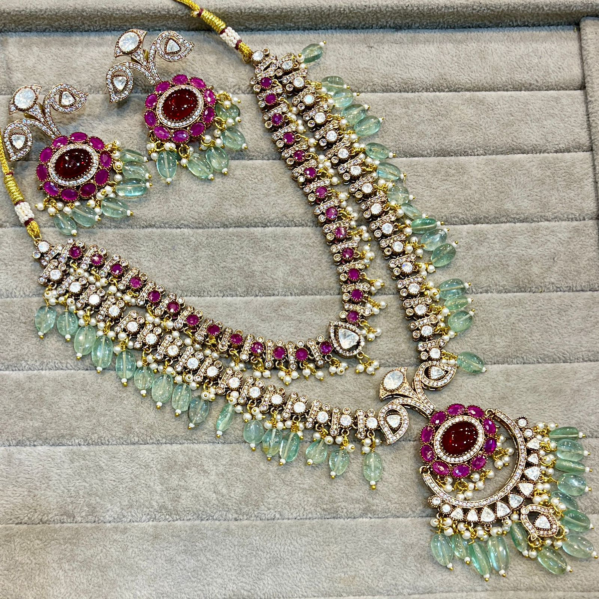 Celeb Inspired Wedding Layered AD Neclace Set, Layered AD Necklace Earrings Set, Model CZ Necklace Set, Indian AD jewelry Set, CZ Earrings Set - Libasaa.com