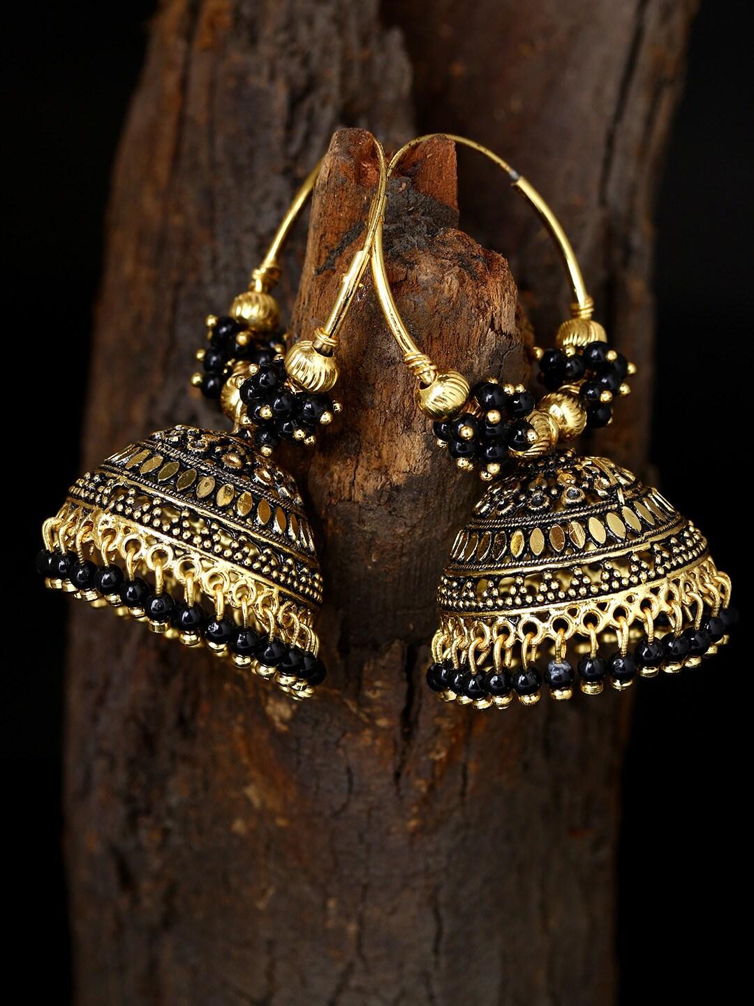Blue & Gold-Plated Alloy Oxidized Enamelled Dome Shaped Jhumkas Traditional Hoop Jhumki Earrings For Women and Girls - Libasaa