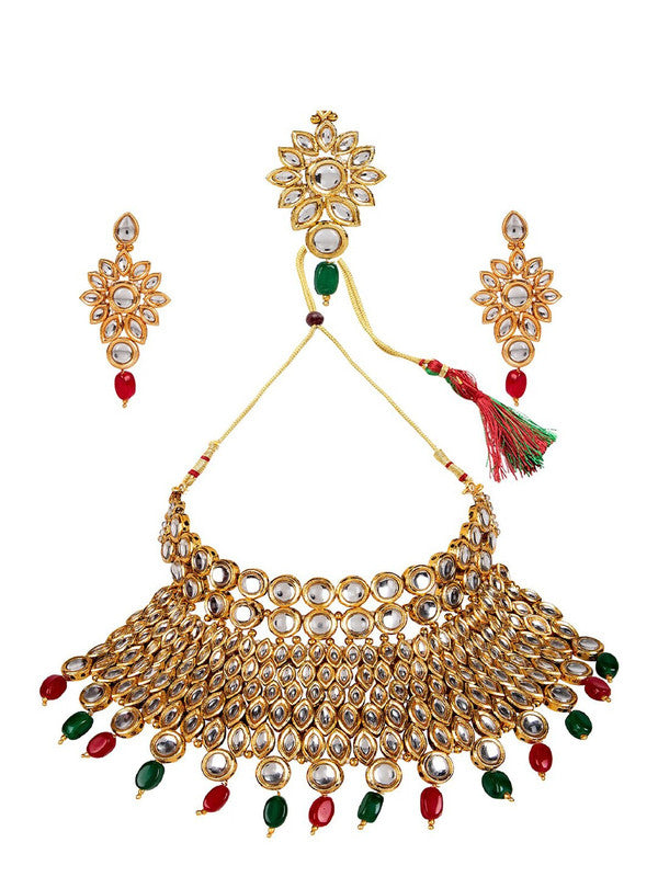 Multicoloured Gold-Plated Kundan Jewellery Set - Libasaa