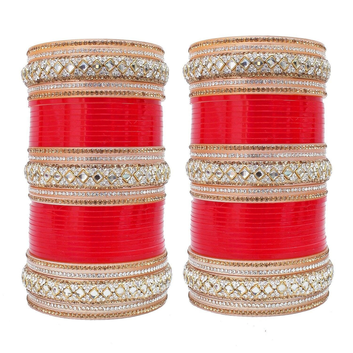 Red Designer White Kundan & Golden Stone Bridal Dulhan Chuda Fashion Punjabi Choora Chura Set