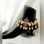 Traditional Gold Plated Pair of Anklets Doli Payal with hanging pearls barefoot jewellery, Rajasthani/Rajwari Gold Plated Payal for bride