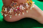 Traditional Gold Plated Pair of Anklets Doli Payal with hanging pearls barefoot jewellery, Rajasthani/Rajwari Gold Plated Payal for bride