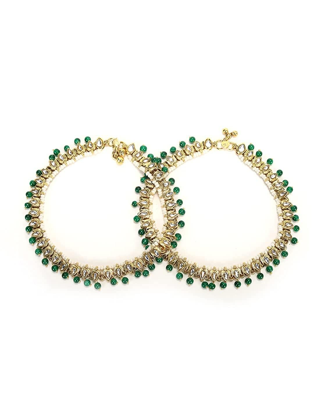 Traditional Gold Plated Kundan & Pearls/Beads Adjustable Pair Of Bridal Anklets Indian Payal, Bollywood Jewelry, Set for Women and Girls