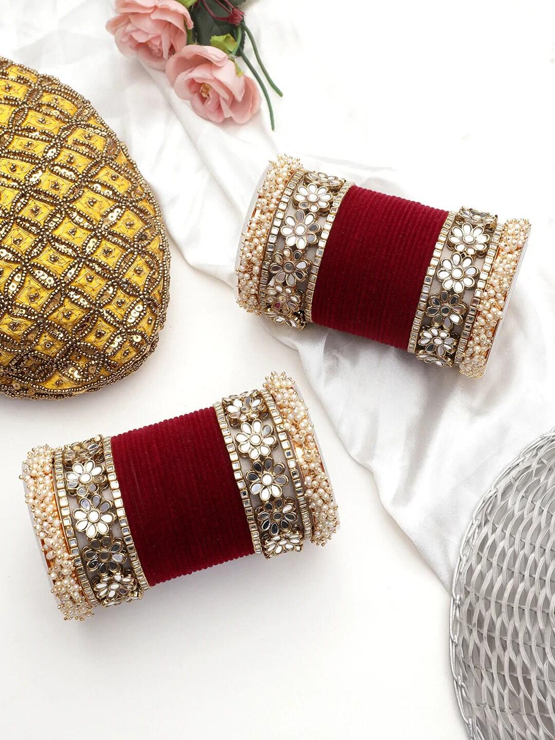 Flower Mirror Bangle Set, Indian bangle set , Velvet bangles, Traditional Wedding Bangles, Brass Metal and Stone Bridal Bangle Set